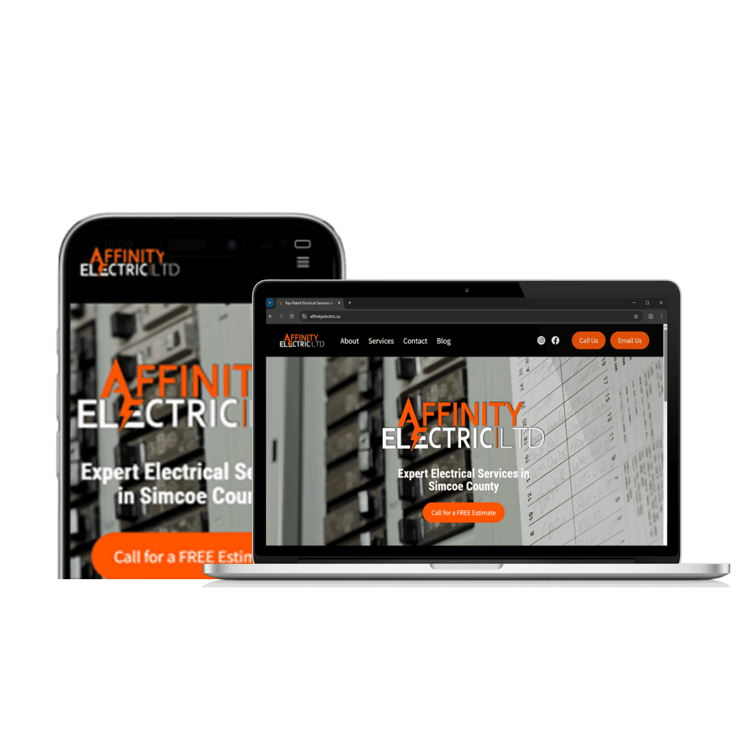 Mobile phone and laptop showing Affinity Electric Ltd website with services in Simcoe County.